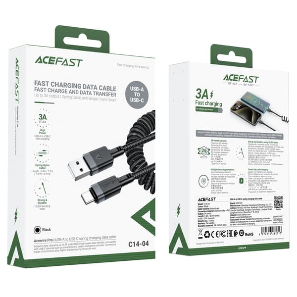 Spiralkabel USB-A - USB-C 480Mb/s 3A 1,2m - sort