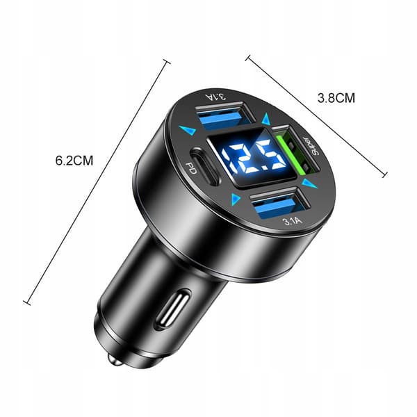 Snabb 3.1A LED-biloplader QC 3.0 x3 USB + PD 66W