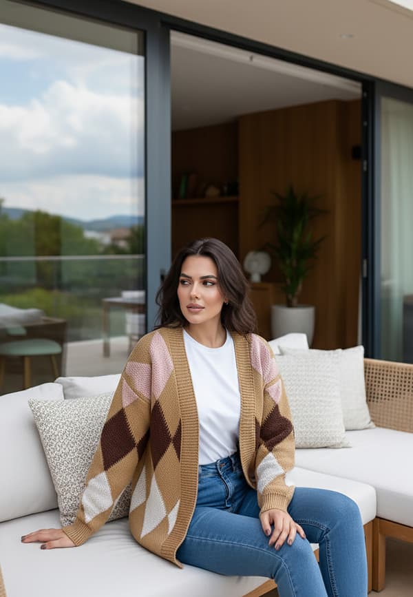 Diamantmönstrad kofta utan knäppning beige strl M