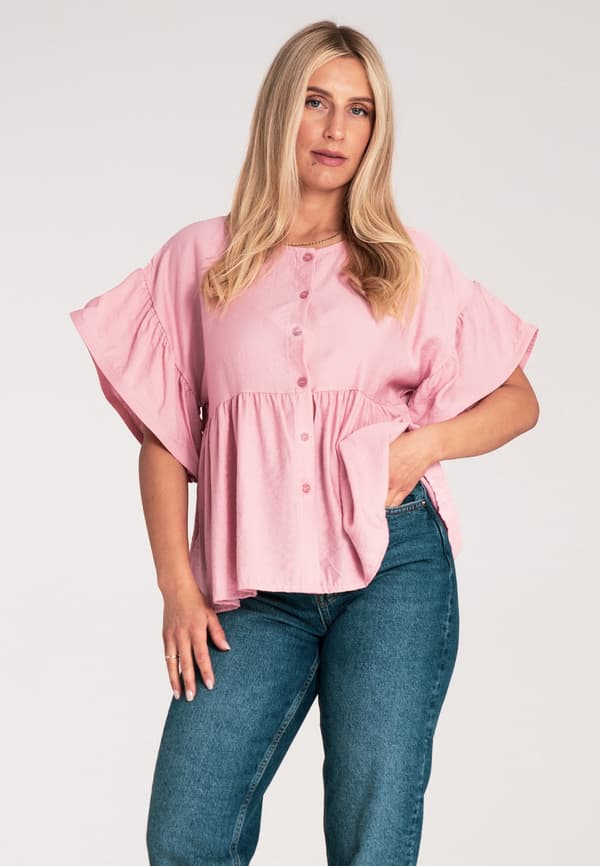 Bluse med flæser - Damebluse - Lyserød bluse M1211 størrelse S/M