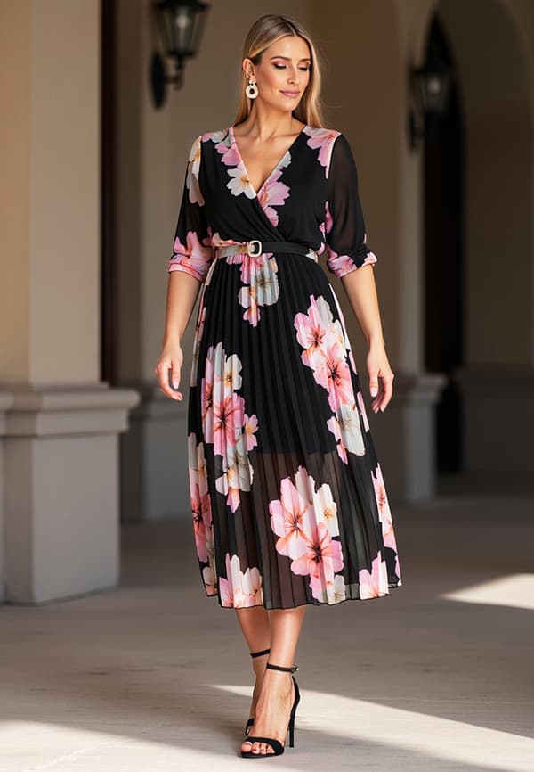 Lang plisseret blomsterklænning til bryllup sort størrelse S/M model M1137