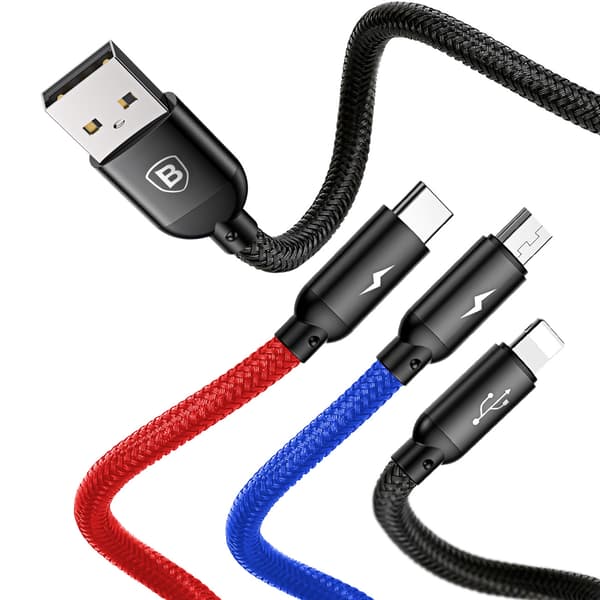 3-i-1-kabel USB-A - micro-USB / iPhone Lightning / USB-C 3,5A 0,3m - sort