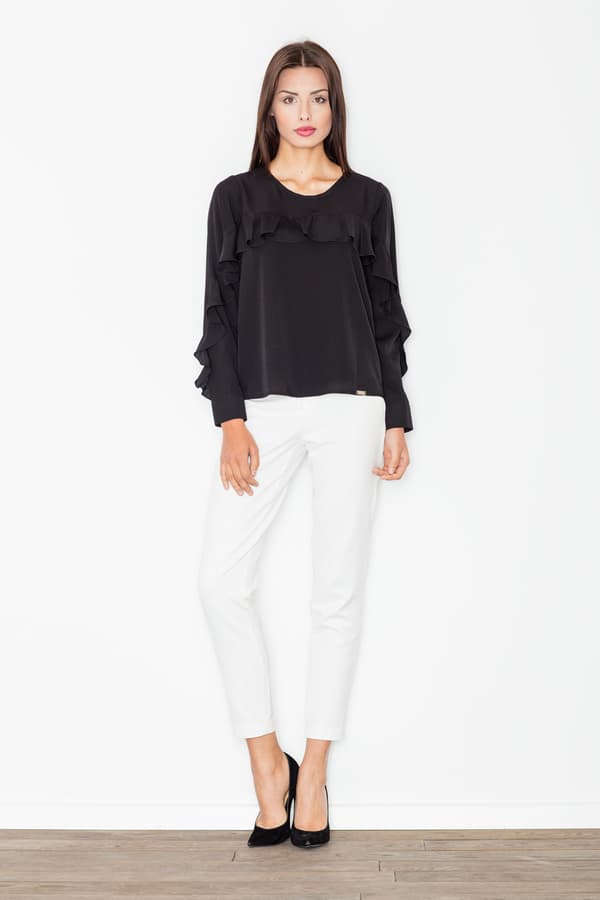 Elegant bluse med flæser, sort M466, størrelse M