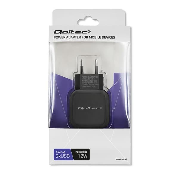Qoltec 12W 5V 2.4A 2xUSB vægoplader