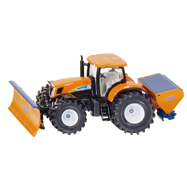 Traktor med bulldozer och såmaskin