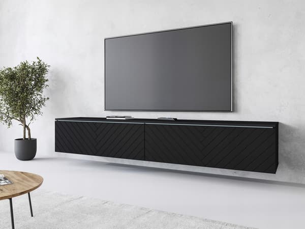 180 cm TV-skab til stuen, grebsløst, matte, sorte MDF sildebensfronter