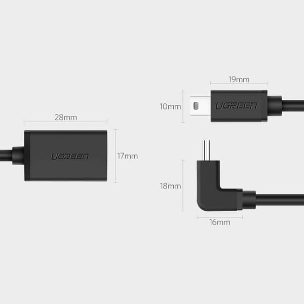Mini USB-B (uros) - USB-A (naaras) OTG-sovitin 10 cm - harmaa