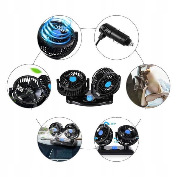 Bilventilator Dobbelt roterende ventilator til biler Kraftig 360° USB