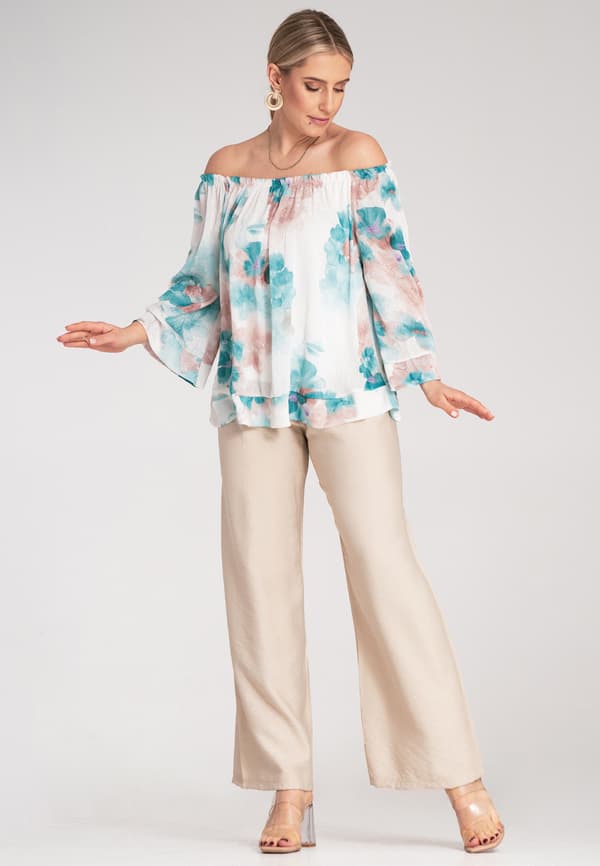 Blommig bluse med puffærmer - Turkis S/M