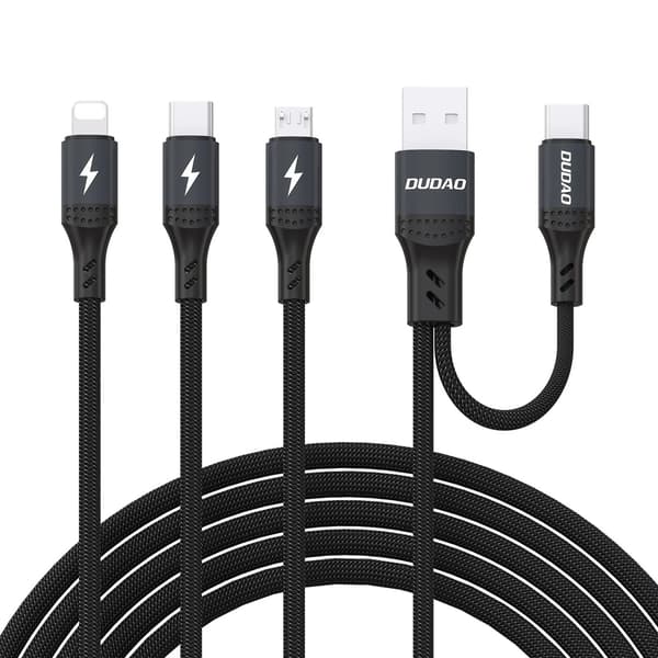 USB-A USB-C til Lightning USB-C MicroUSB 66W multifunktionskabel - Sort