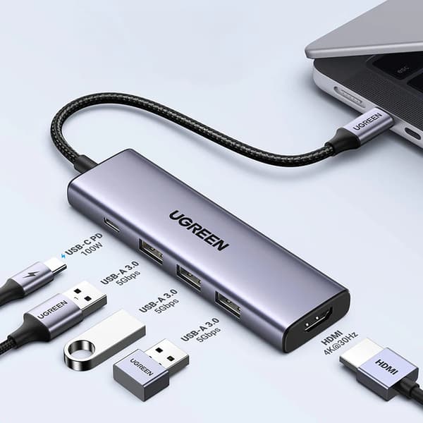 5in1 HUB-sovitin USB-C - USB-C PD / HDMI / 3x USB-A 3.0 - harmaa