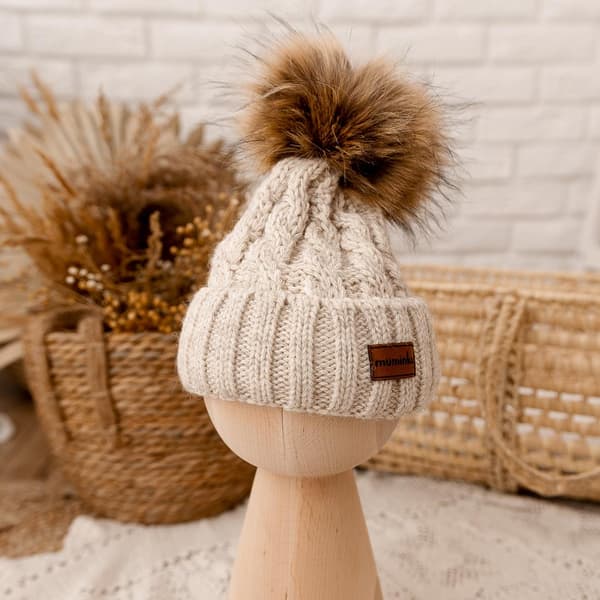 Børne-alpakauld-pompomhue | Beige