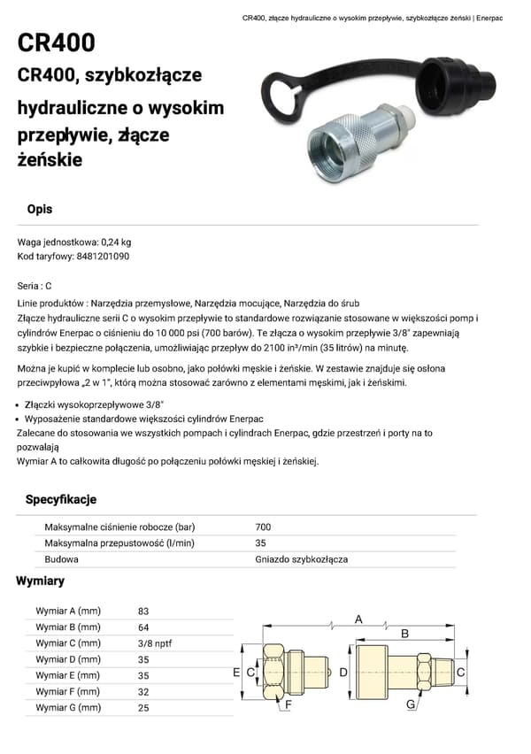 Lynkoblingsmuffe CR400 Enerpac 3/8" nptf 700ba