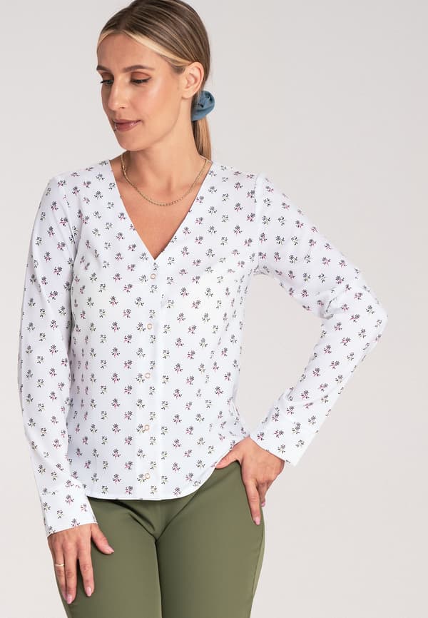Elegant damebluse - blomstret mønster - størrelse M