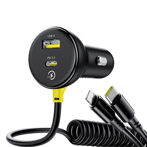 USB-A USB-C Biloplader med iPhone Lightning USB-C Kabel 60W 1,4m - Sort