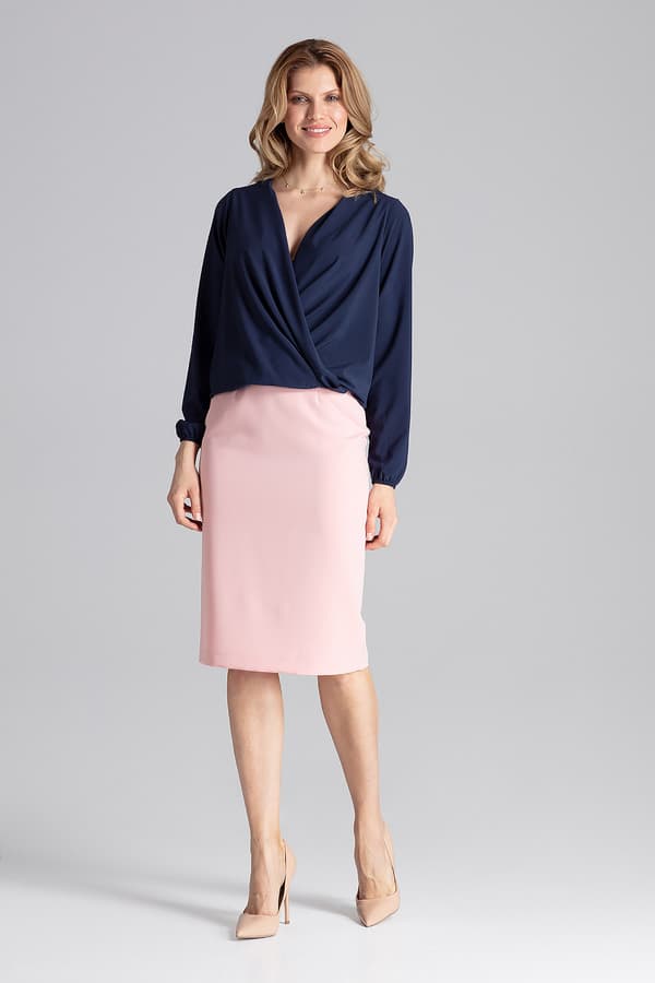 Elegant kvertbluse - langærmet bluse marineblå størrelse S