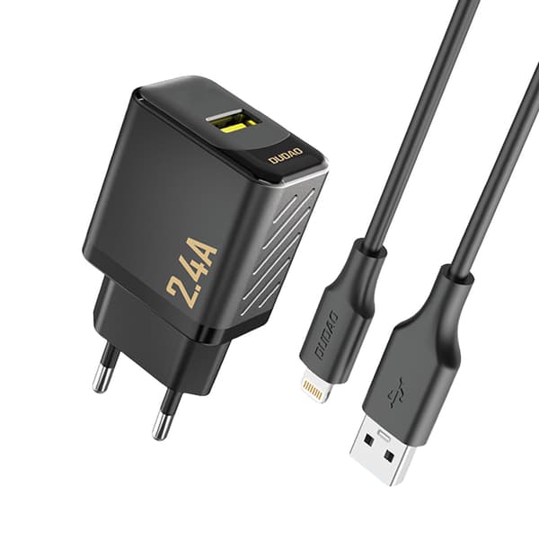 USB-A vægoplader med USB-A kabel - iPhone Lightning 2.4A GaN EU - Sort