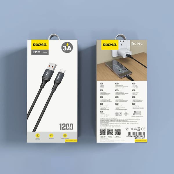 L3SM USB-A - MicroUSB 3A 1,2m flettet kabel - Sort