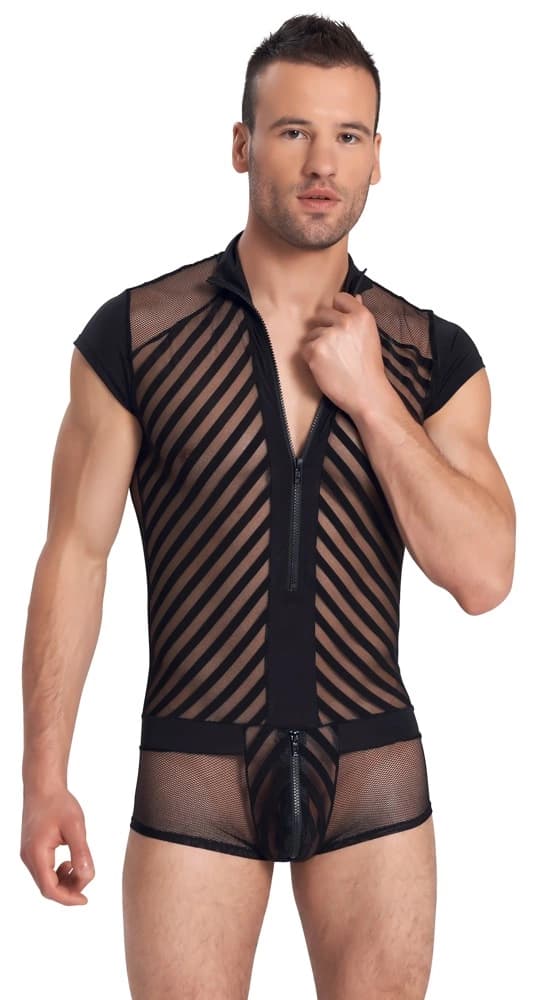 Svenjoyment Herre Mesh Bodysuit med Sorte Stropper og Lynlås XL