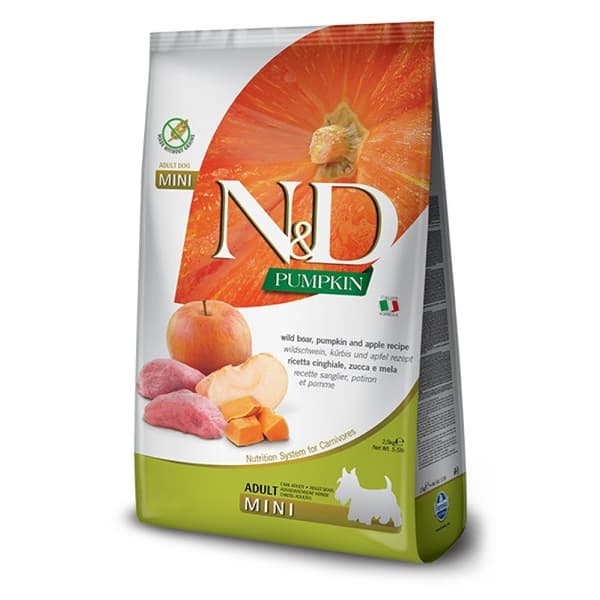 FARMINA N&D GF PUMPA, VILLSVIND & ÄPPLE VUXEN MINI torrfoder för hundar 2,5 kg