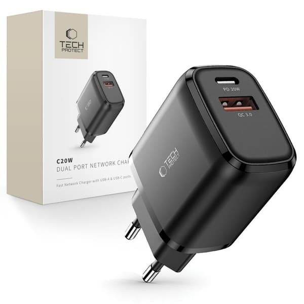 USB-C PD 20W / USB-A QC 3.0 Seinälaturi - Musta