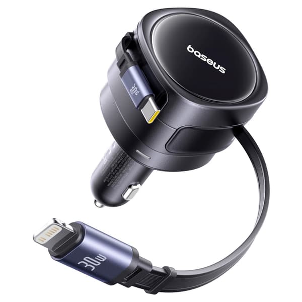 Biloplader med udtrækkelige USB-C iPhone Lightning-kabler 60W - Sort
