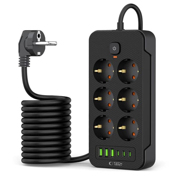 Forlængerledning til strømskinne 6 stikkontakter 240V USB-A USB-C 2m - sort