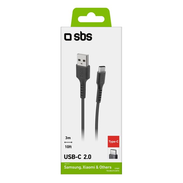USB-A - USB-C 3m kabel - svart