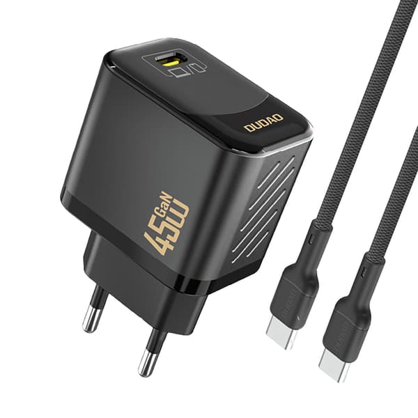 GaN vægoplader med USB-C kabel 45W - Sort