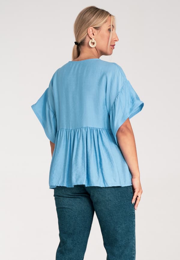 Bluse med flæser - Damebluse - Blå bluse M1211 størrelse S/M