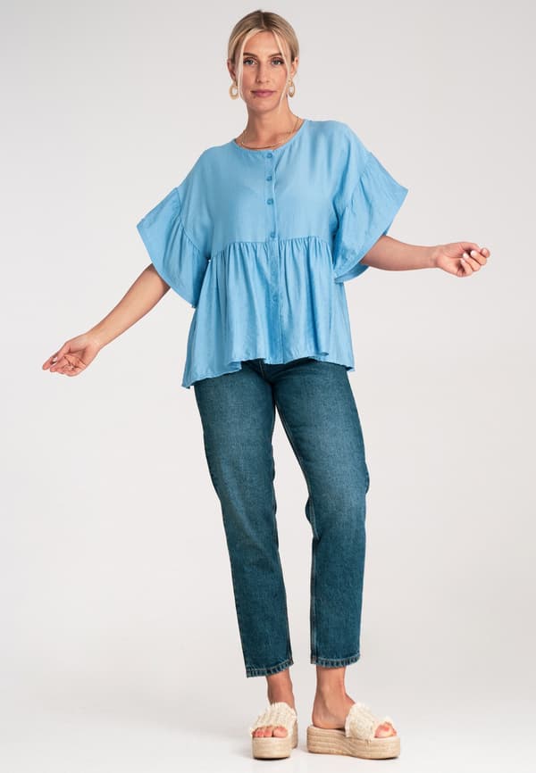 Bluse med flæser - dameskjortebluse - blå bluse størrelse S/M