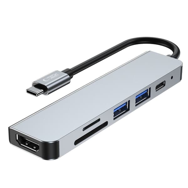 6-i-1 HUB USB-C til USB-A USB-C HDMI Micro SD / TF / SD Splitter - Grå