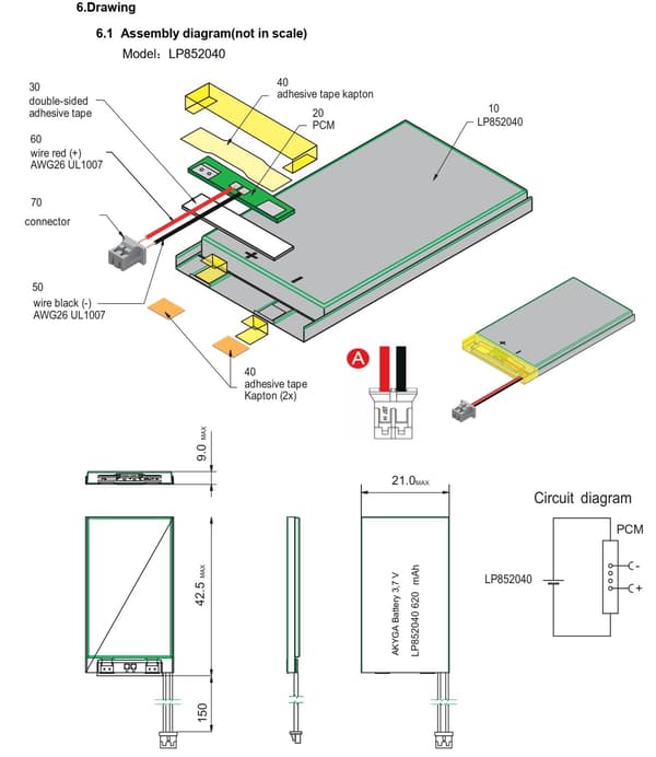 BATTERI Li-Poly 620mAh 3,7V JST-2-PIN
