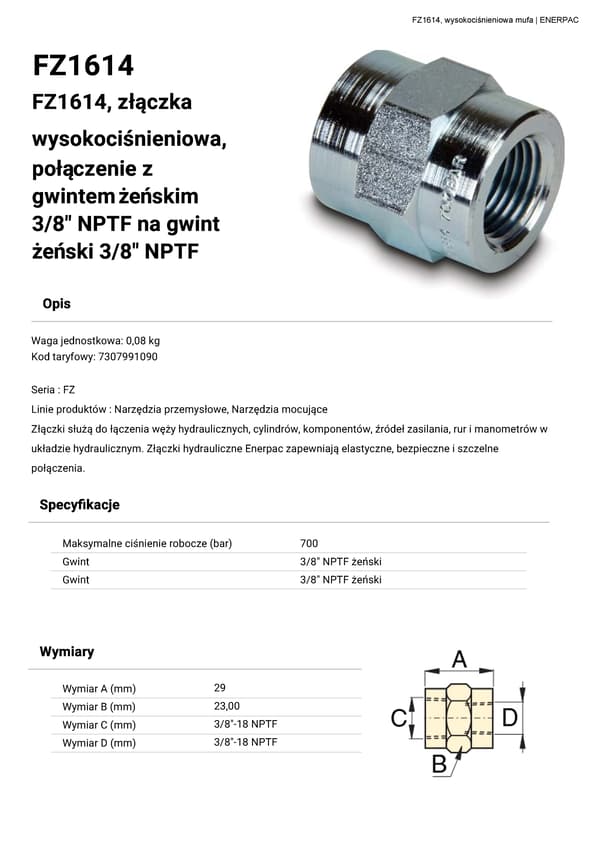 FZ1614 3/8"NPTF ENERPAC muffeforbindelse