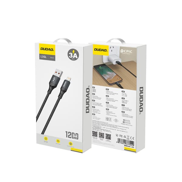 USB-A - iPhone Lightning-kabel flätad 3A 30W 1,2m - Svart