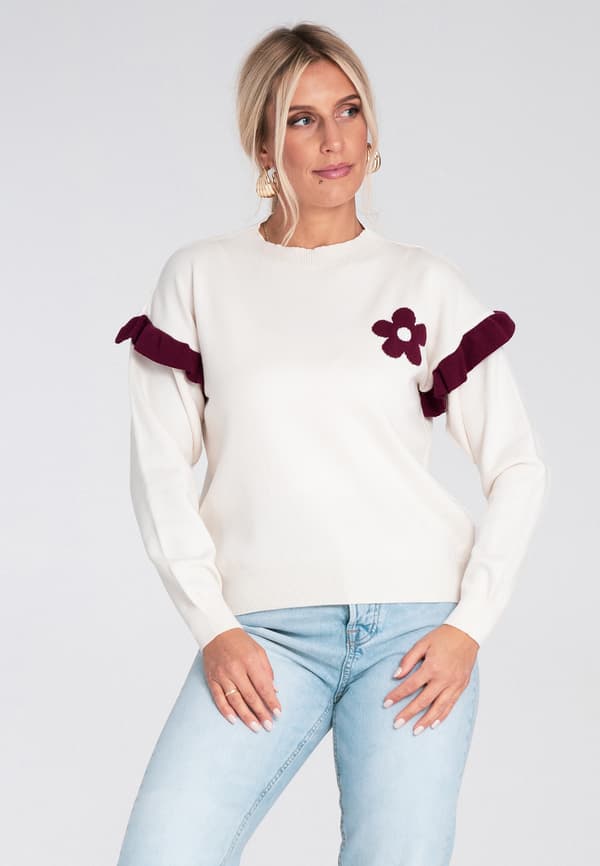 Bluse med flæser og blomster - hvid ecru bluse størrelse M