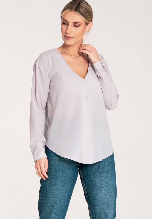 Dam sommerbluse - V-hals bluse - M1070 grå størrelse M