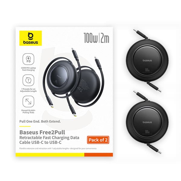 Udtrækkeligt USB-C-kabel 100W 2m sort - 2 stk.