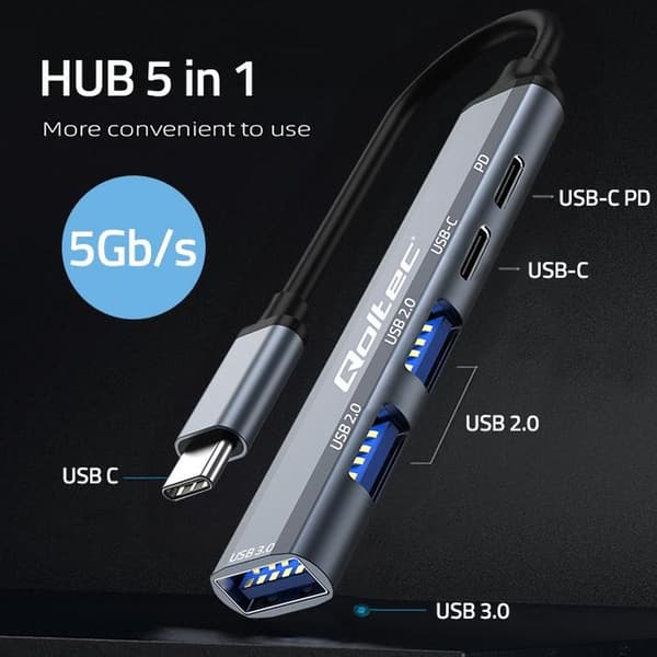 Qoltec hub USB-C 3.1 5-i-1 adapter | USB-C PD | USB-C | 2x USB 2.0 | USB 3.0
