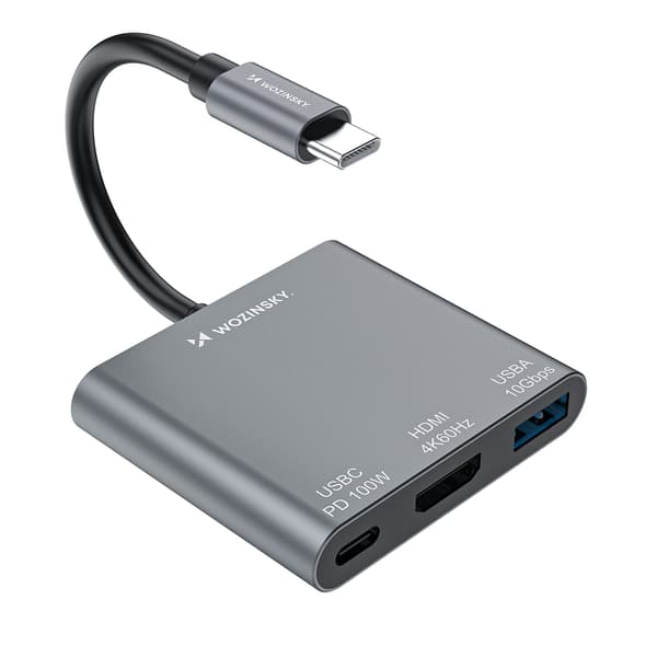 USB-C Jakohub USB-C USB-A HDMI PD 10 Gb/s 4K - harmaa
