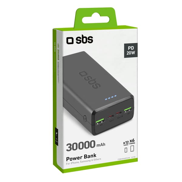 Powerbank 30000 mAh USB-C USB-A - sort