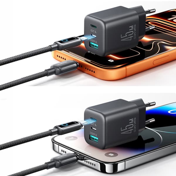 USB-C iPhone Lightning USB-A GaN 45W Väggladdare - Svart