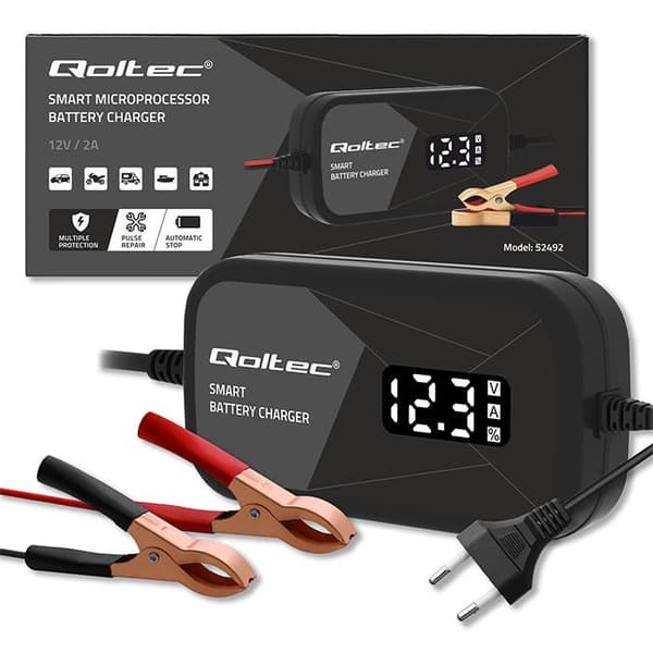 Qoltec Smart mikroprocessoroplader 12V | 2A | AGM GEL batterioplader | LCD