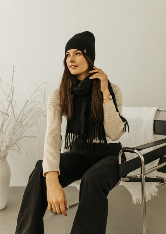 BSD-BK-10 SORT Dametørklæde med frynser VINTER