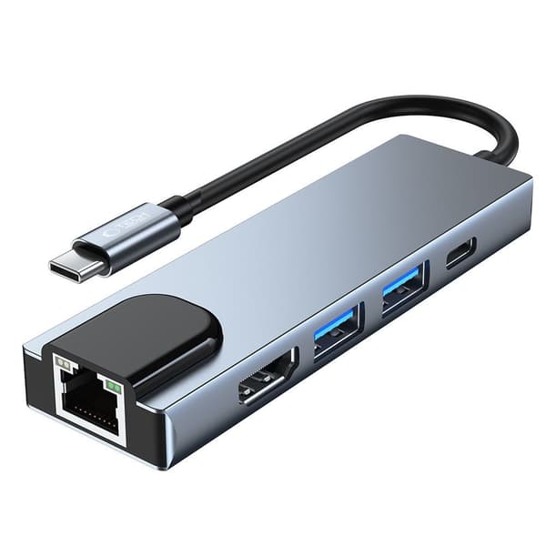 5-i-1 HUB USB-C til USB-C USB-A HDMI RJ45 Splitter - Grå