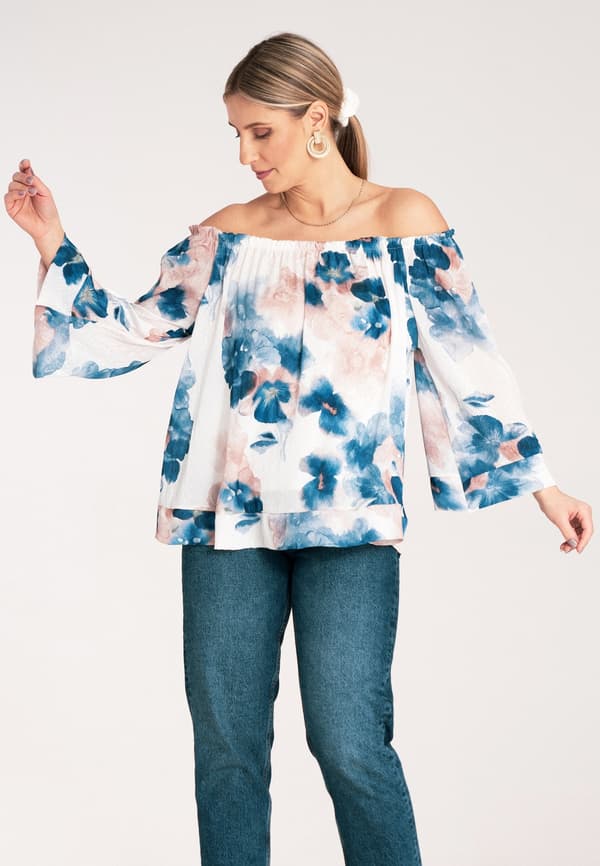 Blomstret bluse med pufærmer - blå størrelse S/M