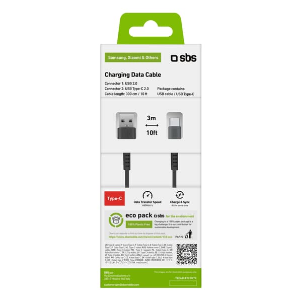 USB-A - USB-C 3m kabel - svart