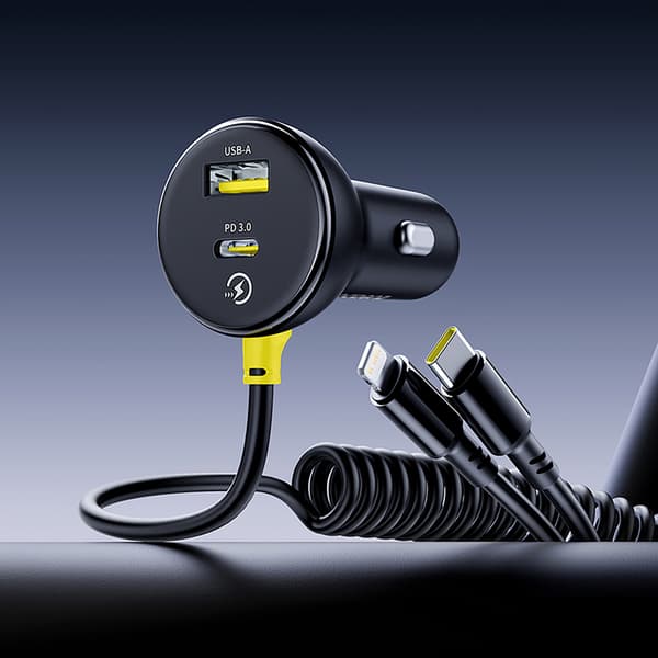 USB-A USB-C Biloplader med iPhone Lightning USB-C Kabel 60W 1,4m - Sort