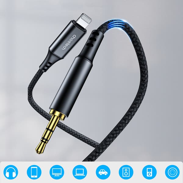 iPhone Lightning AUX lydkabel - mini jack 3,5 mm 1 m - sort