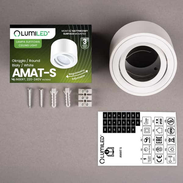 Väggmontering halogenspot rörlig rund vit 50mm AMAT-S LUMILED